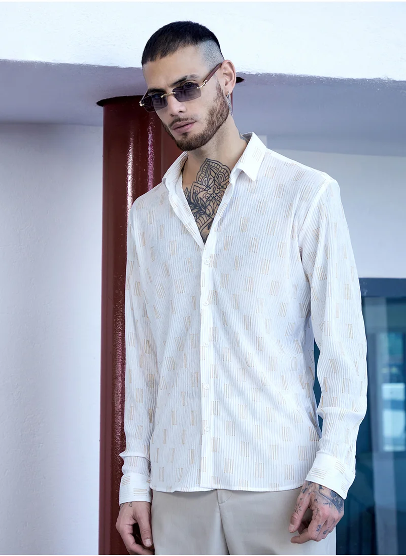 كامبوس سوترا Men's Chalk White Foil-Pleated Shirt