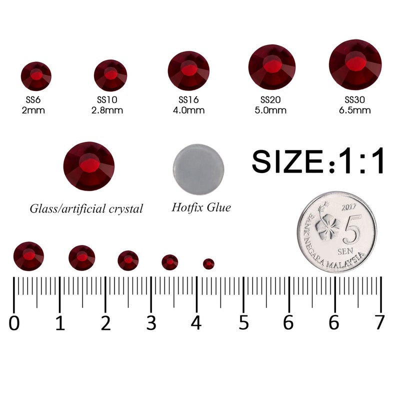 MEIBITE 6796PCS Red Hotfix Rhinestones Crystal Stones Glass for Fabric Clothes Shirts Sparkly Flat Back Round with Tweezers and Picking Pen (SS6~SS30 Set) - Image 3