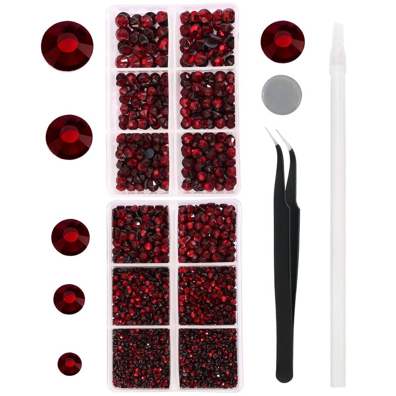 MEIBITE 6796PCS Red Hotfix Rhinestones Crystal Stones Glass for Fabric Clothes Shirts Sparkly Flat Back Round with Tweezers and Picking Pen (SS6~SS30 Set) - Image 1