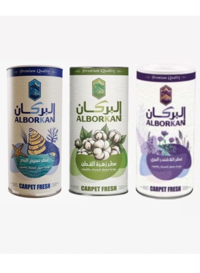 مسحوق منعش للسجاد والمفروشات والبُسُط بثلاث روائح: اللافندر البري، زهرة القطن، ونسيم البحر. بودرة مزيلة للروائح ومنعشة، تُنعش الهواء وتُقضي على الروائح غير المرغوبة، وتترك السجاد بعطر يدوم طويلاً