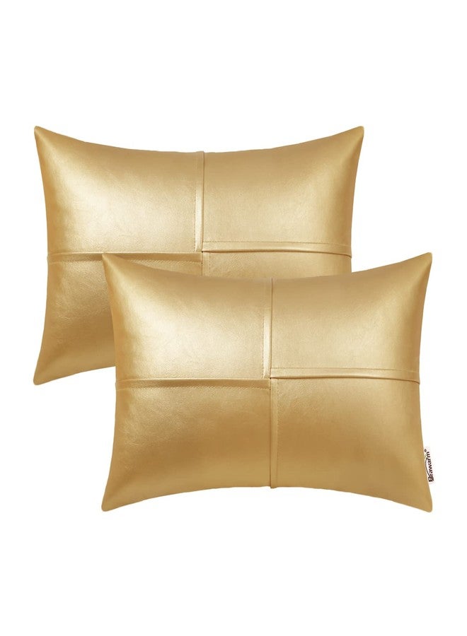 BRAWARM أغطية وسائد رمي من الجلد الصناعي BRAWARM 12 × 20 بوصة، أغطية وسائد قطنية جلدية ذهبية، عبوة من 2، وسائد رمي جلدية مزخرفة مخيطة يدويًا للكنبة والأريكة والسرير وغرفة المعيشة والحديقة في المنزل - Image 1