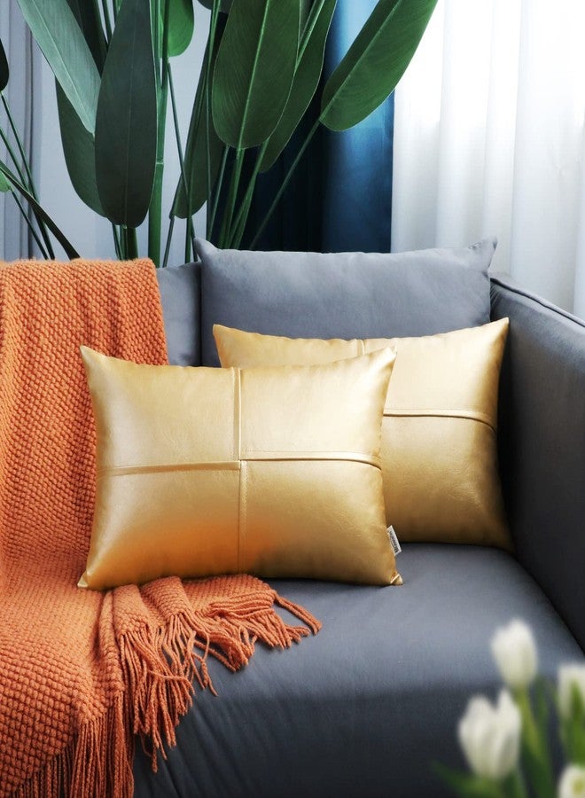 BRAWARM أغطية وسائد رمي من الجلد الصناعي BRAWARM 12 × 20 بوصة، أغطية وسائد قطنية جلدية ذهبية، عبوة من 2، وسائد رمي جلدية مزخرفة مخيطة يدويًا للكنبة والأريكة والسرير وغرفة المعيشة والحديقة في المنزل - Image 2
