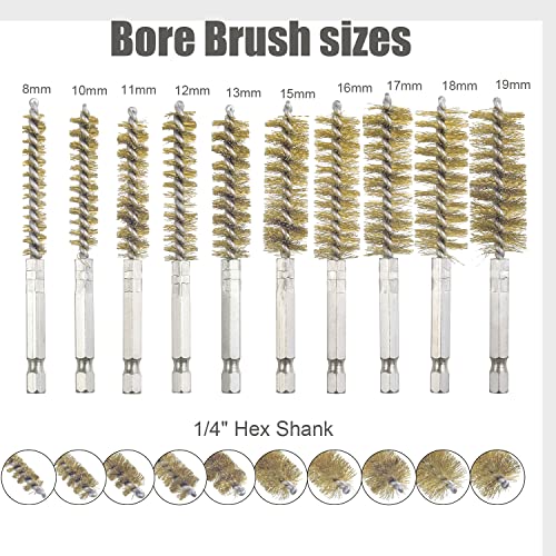 WENORA 10 Pack Bore Brush for Drill, Brass Bore Brush Drill, Stainless Steel Bore Cleaning Brush Set 1/4 Inch Hex Shank for Power Drill Impact Driver - Image 2