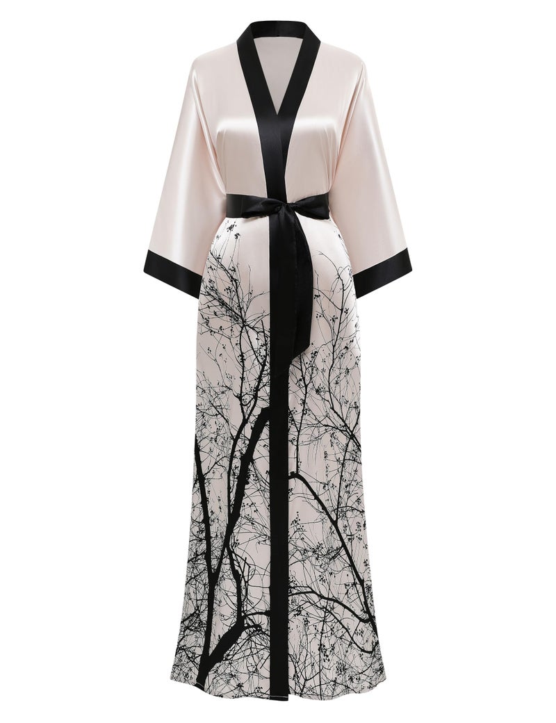 PRODESIGN Kimono Robes for Women - Long Satin Sleepwear Silky Nightgown Bathrobe Floral Dressing Gown Blouse Wedding Robe - Image 1