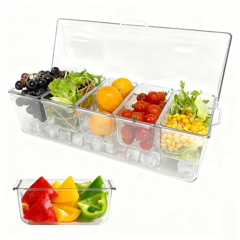 Pesilo Ice Chilled Condiment Server, 5 Removable Compartments Condiment Containers with Lids Drain Plug, Clear Garnish Tray Serving Platter Holder for Caddy Fruit Snack Sauce Taco Salad Bar Supplies - Image 1