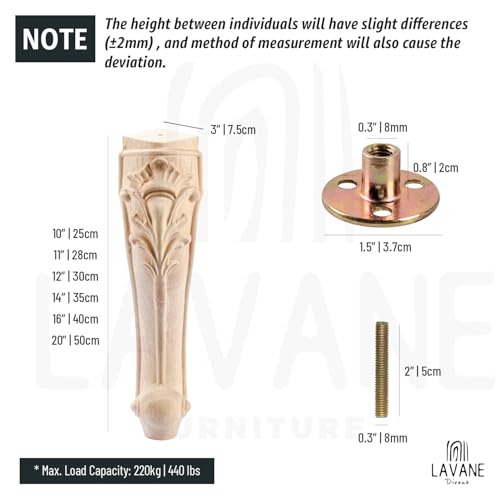 La Vane 14 inch / 35cm Wooden Furniture Legs, Set of 4 European Style Solid Wood Carving Furniture Replacement Feet Decoration for Sofa Cabinet Wardrobe Table Loveseat - Image 5