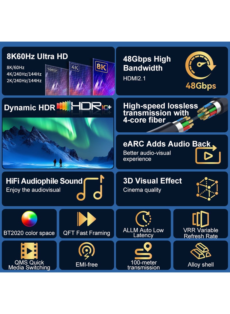 X-level 8K Fiber Optic HDMI Cables 2M, 48Gbps Ultra High Speed HDMI 2.1 Cable, 8K@60Hz, 4K@240Hz/144Hz/120Hz, Support eARC/Dolby/HDR 10+/HDCP 2.2&2.3, Compatible with PS5/Xbox Series X/Samsung/ LG 8K TV/Home Theater (Black) - Image 2