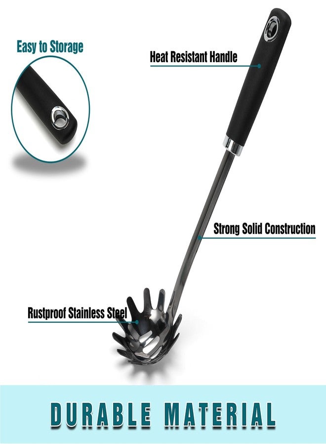 JXWING Stainless Steel Spaghetti Spoon, 13 Inch Pasta Server with Toothed Head and Comfortable Grip, Metal Pasta Fork for Serving Spaghetti, Linguine, Noodles, Ravioli and More, Black - Image 2