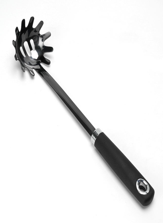 JXWING Stainless Steel Spaghetti Spoon, 13 Inch Pasta Server with Toothed Head and Comfortable Grip, Metal Pasta Fork for Serving Spaghetti, Linguine, Noodles, Ravioli and More, Black - Image 1
