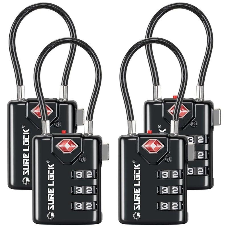 SURE LOCK TSA Compatible Travel Luggage Locks, Inspection Indicator, Easy Read Dials TSA Approved with Zinc Alloy Black 4 Pack - Image 1