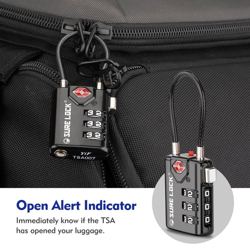 SURE LOCK TSA Compatible Travel Luggage Locks, Inspection Indicator, Easy Read Dials TSA Approved with Zinc Alloy Black 4 Pack - Image 2
