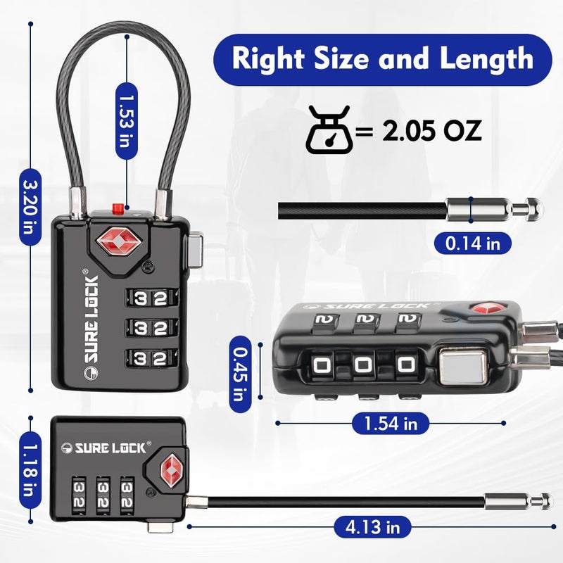 SURE LOCK TSA Compatible Travel Luggage Locks, Inspection Indicator, Easy Read Dials TSA Approved with Zinc Alloy Black 4 Pack - Image 3