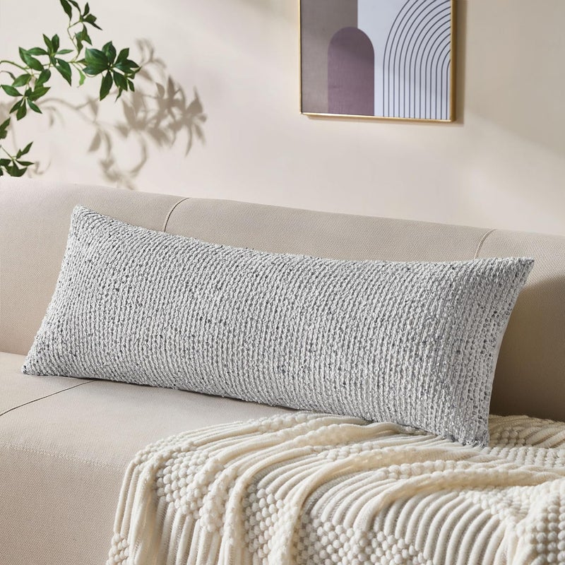 Allorry Decorative Lumbar Pillow Cover 14x36 Blue Striped Wool Long Body Pillow Neutral Textured Boho Lumbar Throw Pillow Cushion Covers for Modern Farmhouse Sofa Bed Living Room Decor SY011-C14 - Image 1