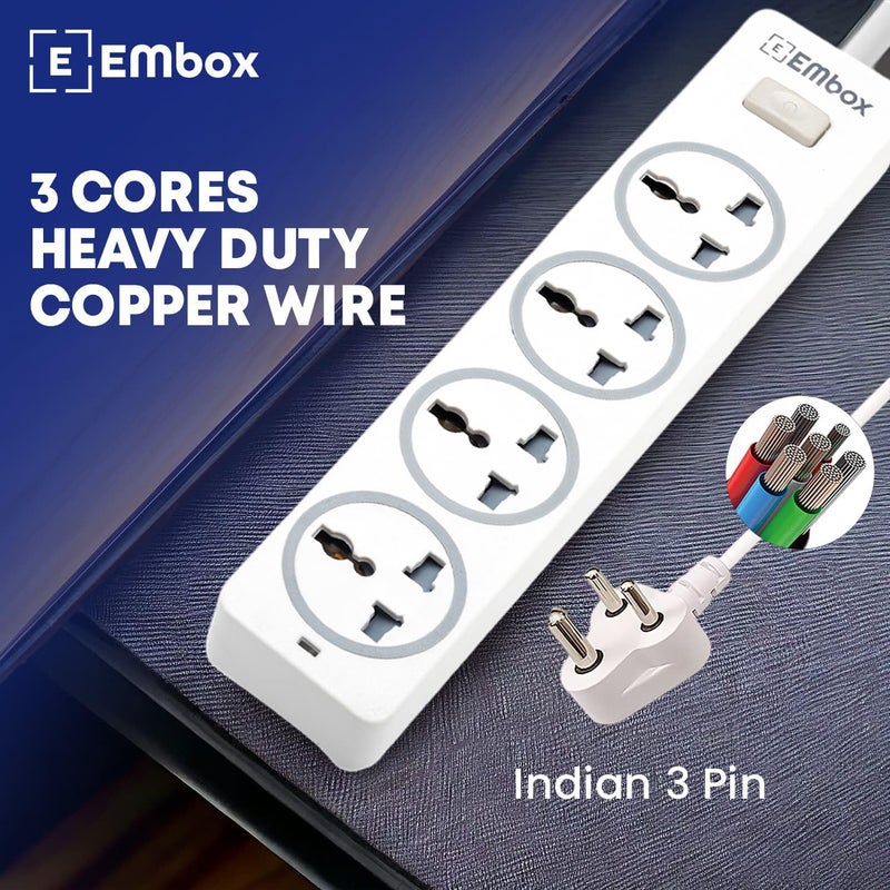 EMBOX لوحة تمديد 10A مع مفتاح رئيسي - سلك تمديد مع 4 مقابس عالمية - واقي من الارتفاع مع غطاء أمان ومؤشر LED - 1500W (أبيض - كابل 3 متر) - Image 3