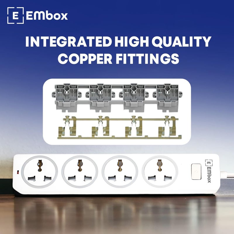 EMBOX لوحة تمديد 10A مع مفتاح رئيسي - سلك تمديد مع 4 مقابس عالمية - واقي من الارتفاع مع غطاء أمان ومؤشر LED - 1500W (أبيض - كابل 3 متر) - Image 5