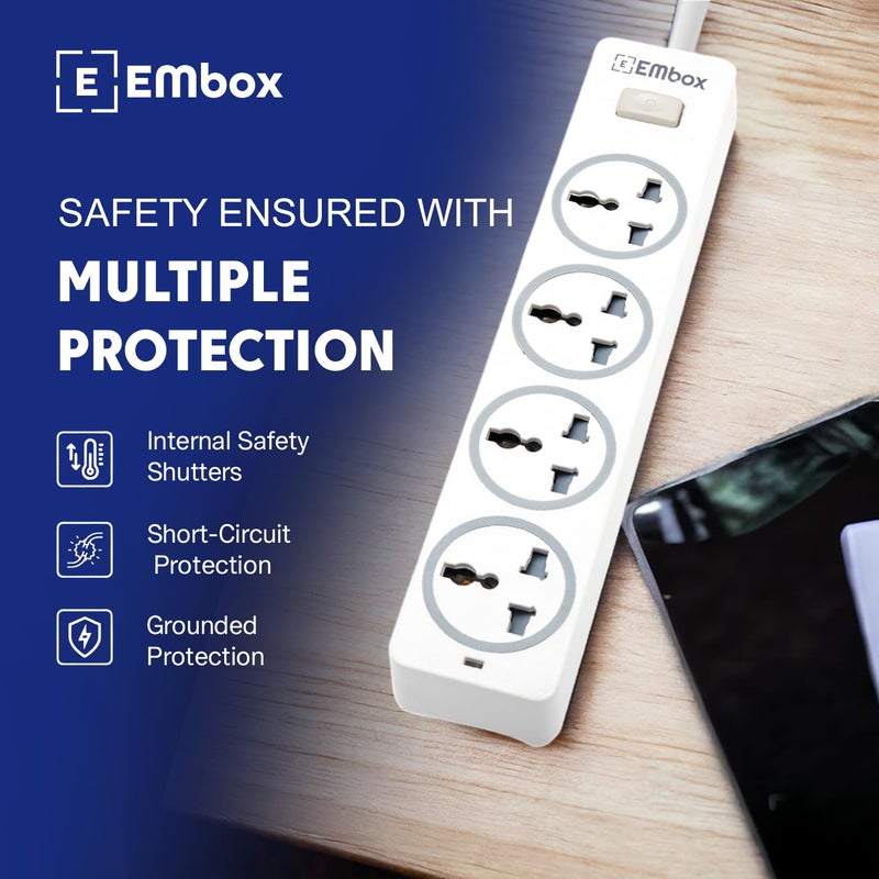 EMBOX لوحة تمديد 10A مع مفتاح رئيسي - سلك تمديد مع 4 مقابس عالمية - واقي من الارتفاع مع غطاء أمان ومؤشر LED - 1500W (أبيض - كابل 3 متر) - Image 2
