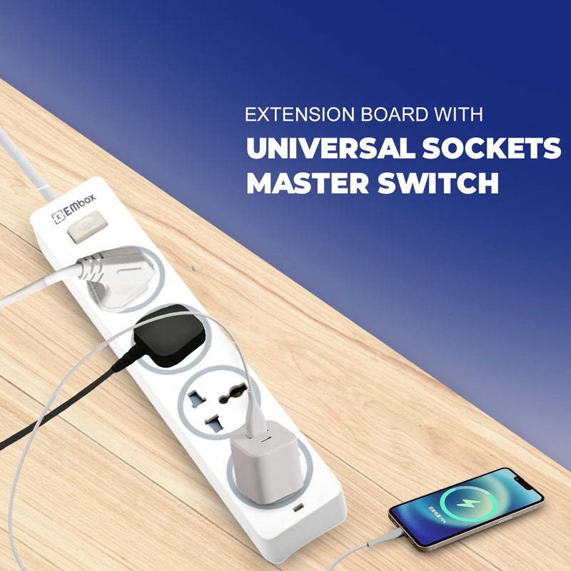 EMBOX لوحة تمديد 10A مع مفتاح رئيسي - سلك تمديد مع 4 مقابس عالمية - واقي من الارتفاع مع غطاء أمان ومؤشر LED - 1500W (أبيض - كابل 3 متر) - Image 4