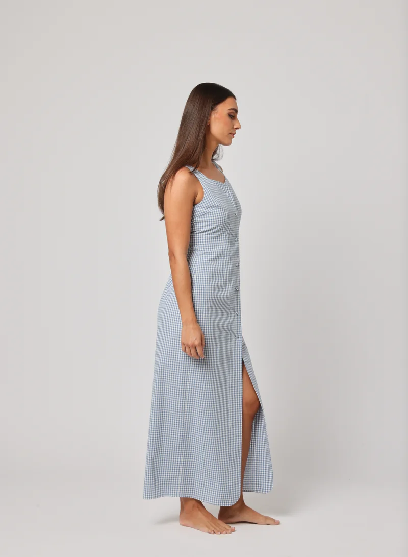 أشيتا فرنانديز Ashita Fernandes Women’s Blue Check Maxi Dress – Gingham Print, Square Neckline, Button-Down Front, Side Pockets, Split Hem