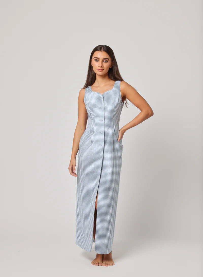 أشيتا فرنانديز Ashita Fernandes Women’s Blue Check Maxi Dress – Gingham Print, Square Neckline, Button-Down Front, Side Pockets, Split Hem