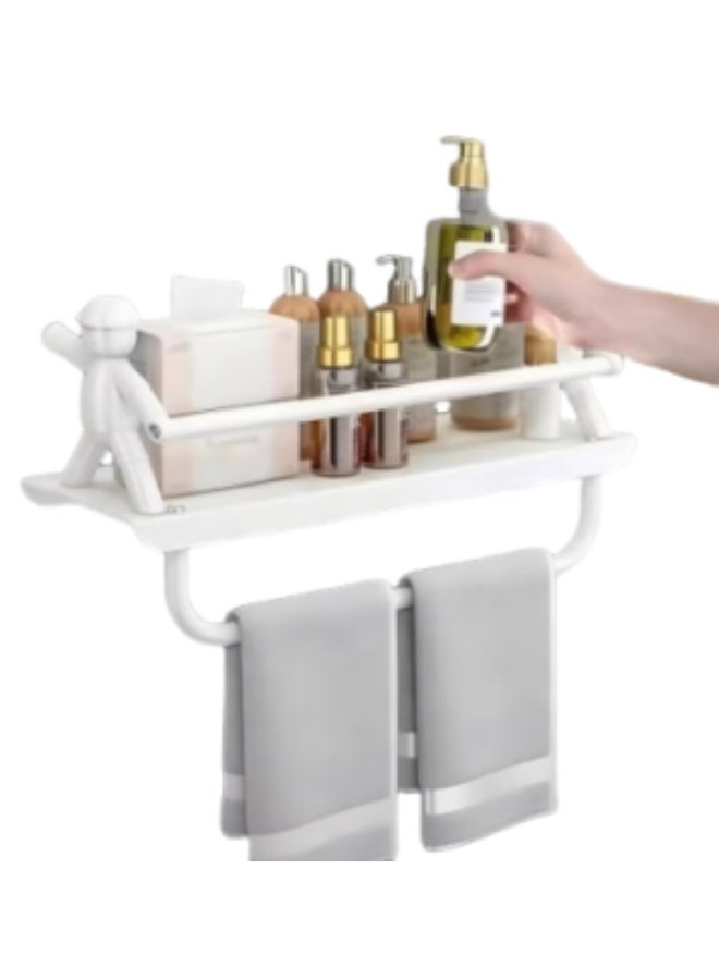 Shower Caddy Bathroom Space Aluminum Storage Rack Shelf, Wall Shelf, Bathroom Shelves with Towel Bar Wall Mounted Bathroom Organizer (White) - Image 1