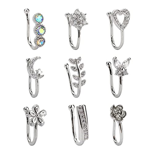 CrazyPiercing Fake Nose Ring CZ African Nose Cuffs Gold Faux Septum Nose Rings Clip on Nose Jewelry for Woman Non Pierced Jewelry (9 Clip Nose Ring-Silver) - Image 1