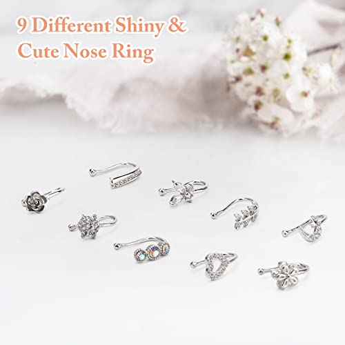 CrazyPiercing Fake Nose Ring CZ African Nose Cuffs Gold Faux Septum Nose Rings Clip on Nose Jewelry for Woman Non Pierced Jewelry (9 Clip Nose Ring-Silver) - Image 5