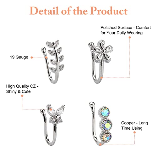 CrazyPiercing Fake Nose Ring CZ African Nose Cuffs Gold Faux Septum Nose Rings Clip on Nose Jewelry for Woman Non Pierced Jewelry (9 Clip Nose Ring-Silver) - Image 2