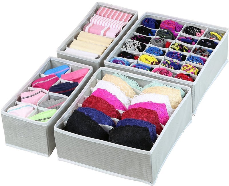 Styleys Set of 4 Foldable Storage Box Drawer Divider Organizer Closet Storage for Socks Bra Tie Scarfs White Liner Grey S1014 - Image 1