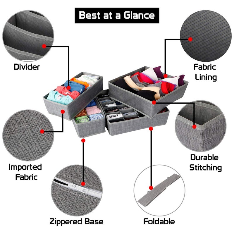 Styleys Set of 4 Foldable Storage Box Drawer Divider Organizer Closet Storage for Socks Bra Tie Scarfs White Liner Grey S1014 - Image 5