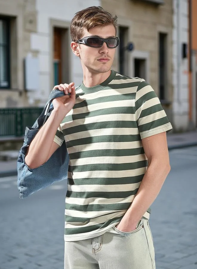 HIGH STAR Men's Green 100% Cotton Striped Regular Fit T-Shirt