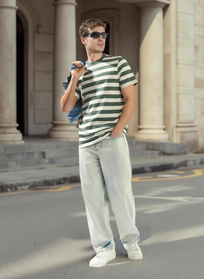 HIGH STAR Men's Green 100% Cotton Striped Regular Fit T-Shirt