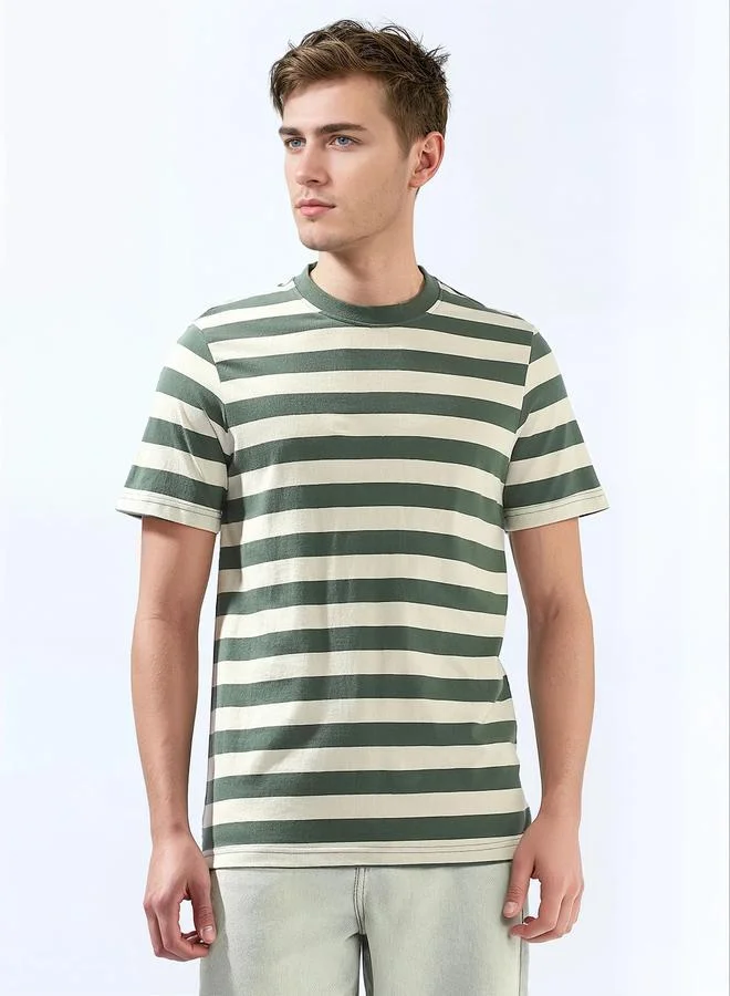 HIGH STAR Men's Green 100% Cotton Striped Regular Fit T-Shirt