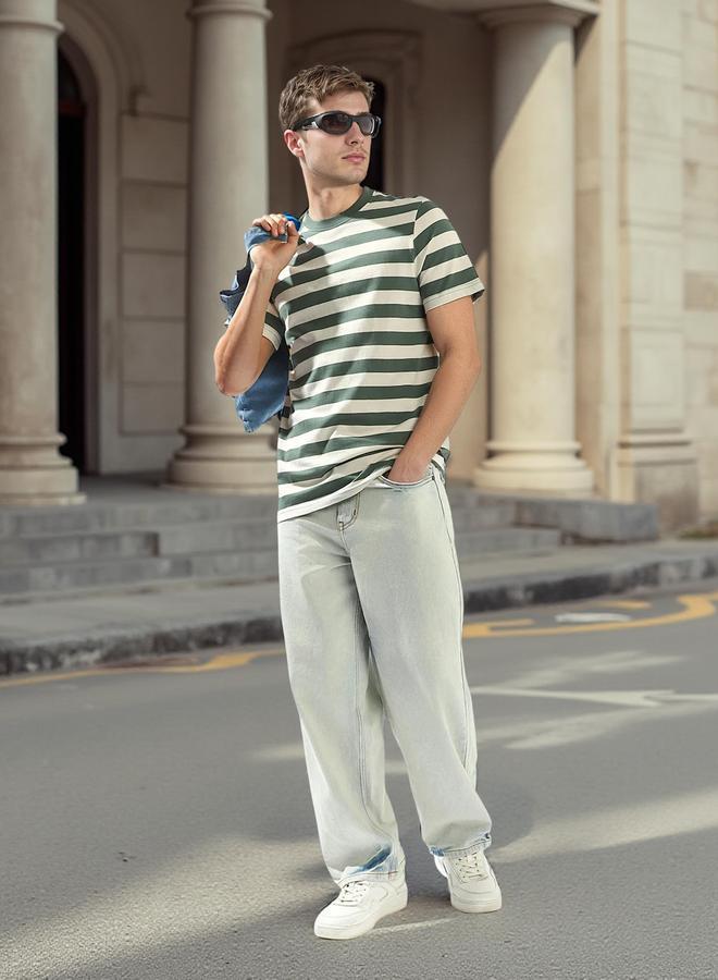 هاي ستار تيشيرت رجالي قطن 1% مخطط بقصة عادية أخضر - Image 2