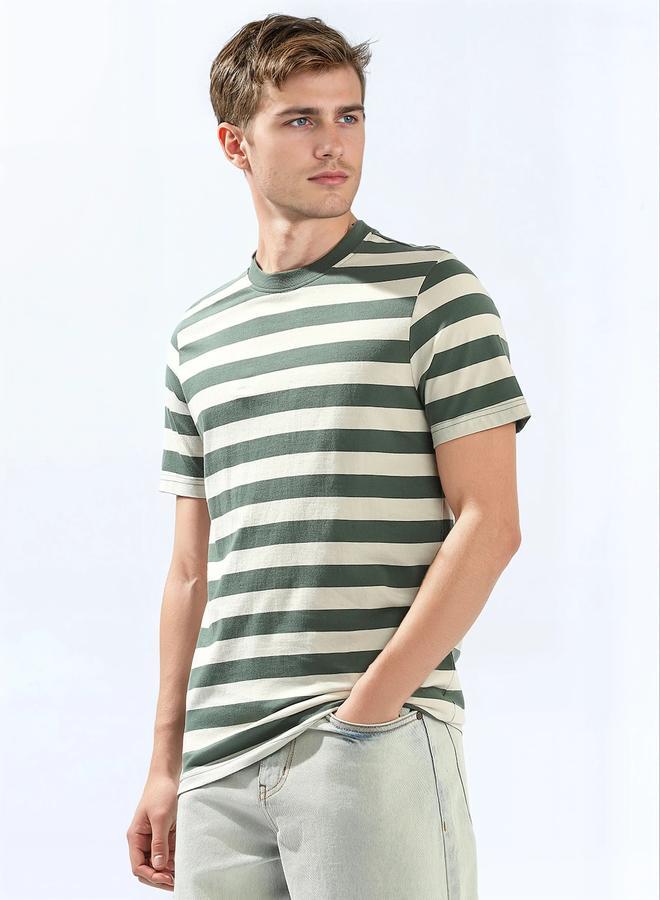 هاي ستار تيشيرت رجالي قطن 1% مخطط بقصة عادية أخضر - Image 1