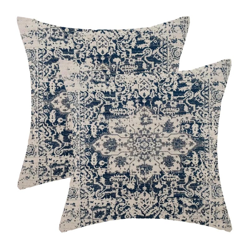 AEIOAE Boho Pillow Covers 22x22 Inch Set of 2,Carpet Pattern Throw Pillows Case,Navy Blue Beige Ethnic Design Outdoor Decorative Square Linen Farmhouse Decor Cushion Covers for Home Sofa Bed Couch - Image 1