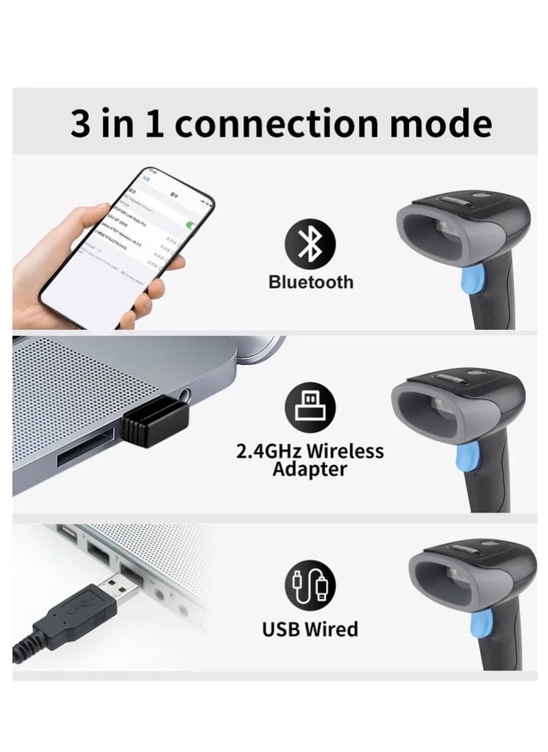 Generic Wireless Barcode Scanner 1D 2D QR Code Scanner Handheld Laser Bar Code Reader 3 in 1 with Bluetooth 2.4G Wireless and USB Wired 100m Transmission Distance Shock Dust Proof Hands Free  - Image 2