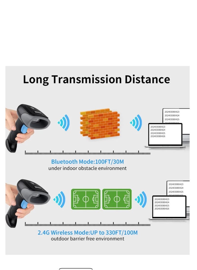 Generic Wireless Barcode Scanner 1D 2D QR Code Scanner Handheld Laser Bar Code Reader 3 in 1 with Bluetooth 2.4G Wireless and USB Wired 100m Transmission Distance Shock Dust Proof Hands Free  - Image 4