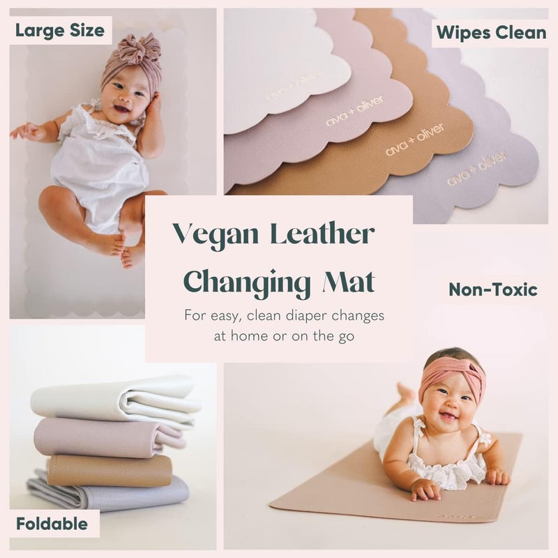 Ava + Oliver Vegan Leather Baby Changing Mat (16 X 30 in) - Multipurpose Wipeable and Portable Diaper Mat - Foldable for Travel (Cream Scallop) - Image 4