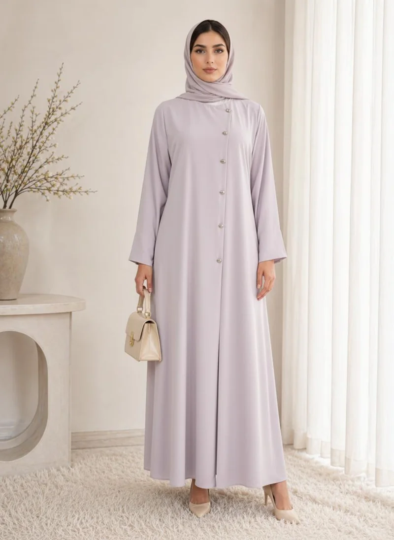 أم سكوير فاشن Lavender Korean Nida Abaya I Asymmetrical Button Design with Matching Chiffon Headscarf