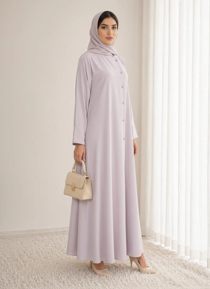 أم سكوير فاشن Lavender Korean Nida Abaya I Asymmetrical Button Design with Matching Chiffon Headscarf