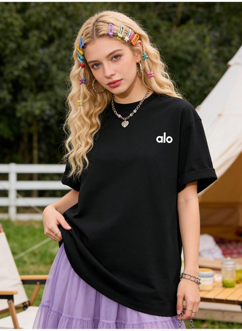 ALo728 alo 300G heavy cotton T-shirt-loose short-sleeved T-shirt for men and women with the same paragraph, summer cotton leisure sports shirt, and the quality is preferred. - Image 5