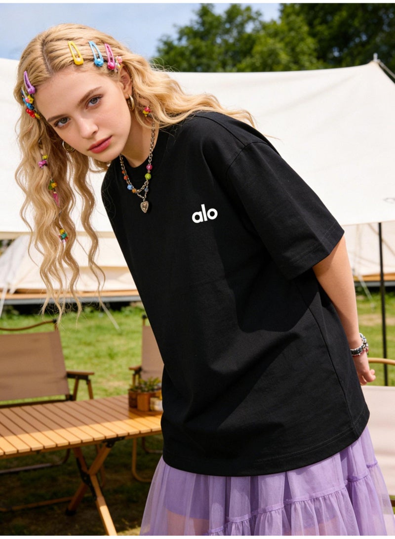 ALo728 alo 300G heavy cotton T-shirt-loose short-sleeved T-shirt for men and women with the same paragraph, summer cotton leisure sports shirt, and the quality is preferred. - Image 3
