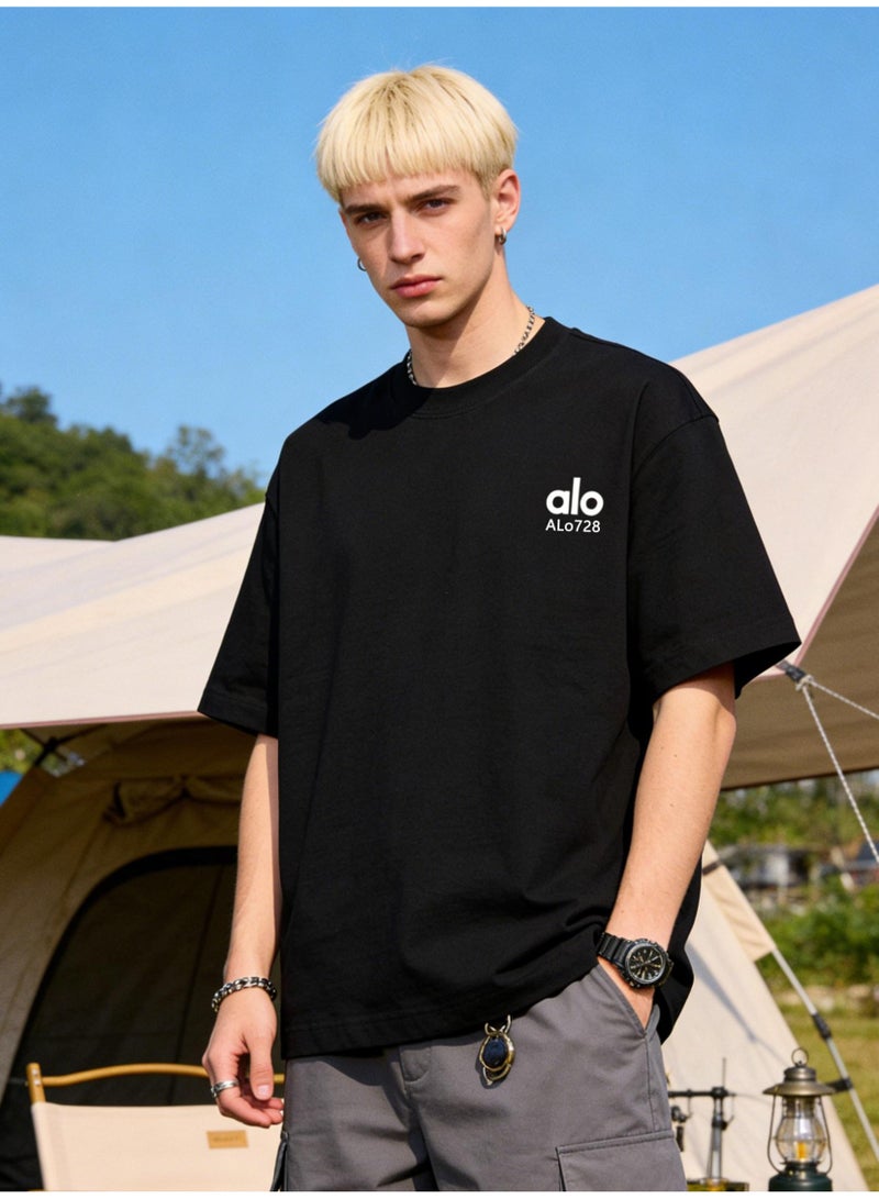 ALo728 alo 300G heavy cotton T-shirt-loose short-sleeved T-shirt for men and women with the same paragraph, summer cotton leisure sports shirt, and the quality is preferred. - Image 2