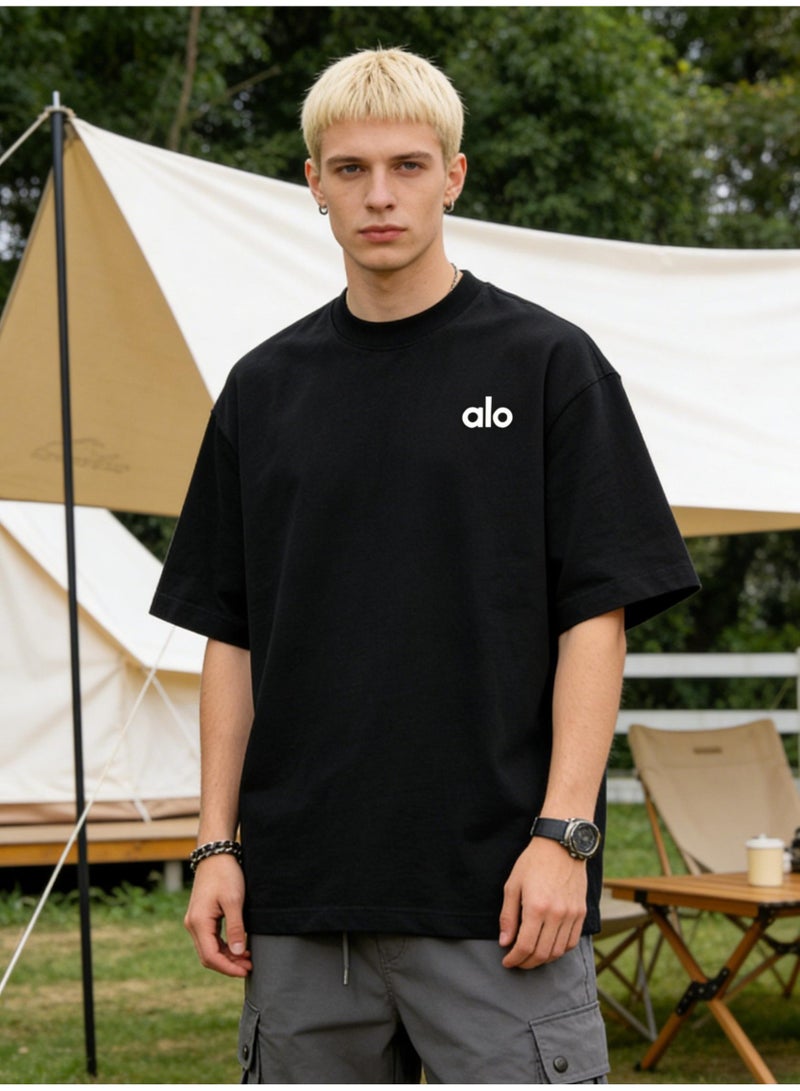 ALo728 alo 300G heavy cotton T-shirt-loose short-sleeved T-shirt for men and women with the same paragraph, summer cotton leisure sports shirt, and the quality is preferred. - Image 4