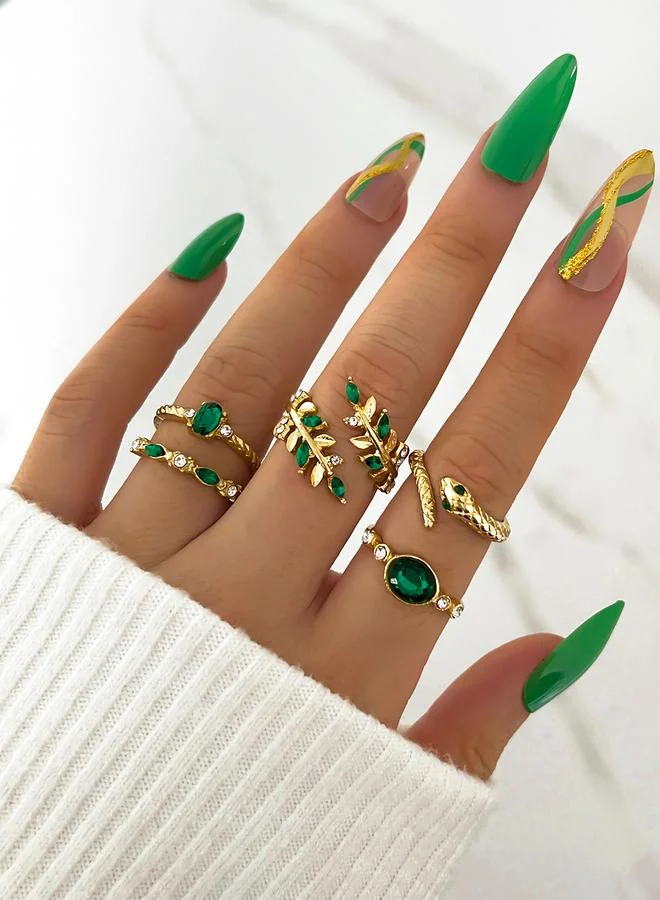 Take Two Take Two Set of 5 - Gold Tone Rings with Green Accent