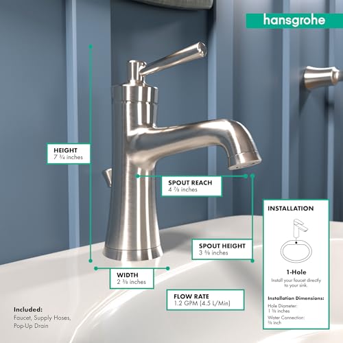 hansgrohe Joleena Transitional 1-Handle 1 8-inch Tall Bathroom Sink Faucet in Brushed Nickel, 04771820, 1.2 GPM - Image 4