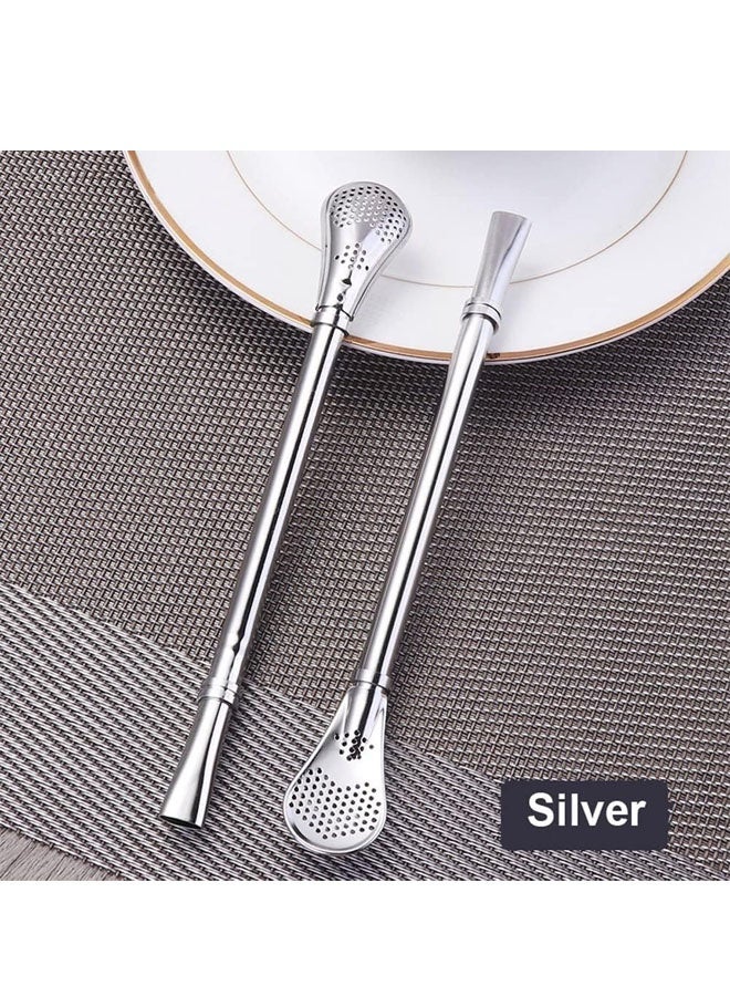 Yerba Mate Straws, 4 Pcs Reusable Tea Coffee Cocktail Stainless Steel Bent Smooth Flow Drinking Stir Filter Spoon Straws with Cleaning Brush (silver) - Image 4