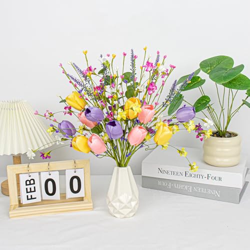 MG MagicGarden Artificial Spring Flowers 12 Pack Spring Flower Stems 17 Inch Floral Picks with Pink Yellow Purple Tulips Wildflowers for Centerpieces Vases Floral Arrangements Summer Easter Decor - Image 2