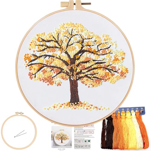 FONNUY Crewel Embroidery Kit for Beginners, Seasonal Tree Pre-Stamped Pattern Kits for Adults with Hoop, Easy to Follow Color Thread Needlework, 8'' (Yellow) - Image 1