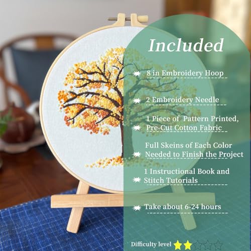 FONNUY Crewel Embroidery Kit for Beginners, Seasonal Tree Pre-Stamped Pattern Kits for Adults with Hoop, Easy to Follow Color Thread Needlework, 8'' (Yellow) - Image 2